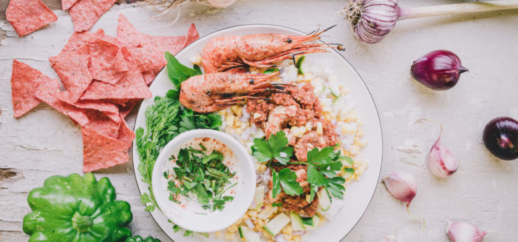 Garlic Spot Prawns with Stewed Tomatoes and Veg